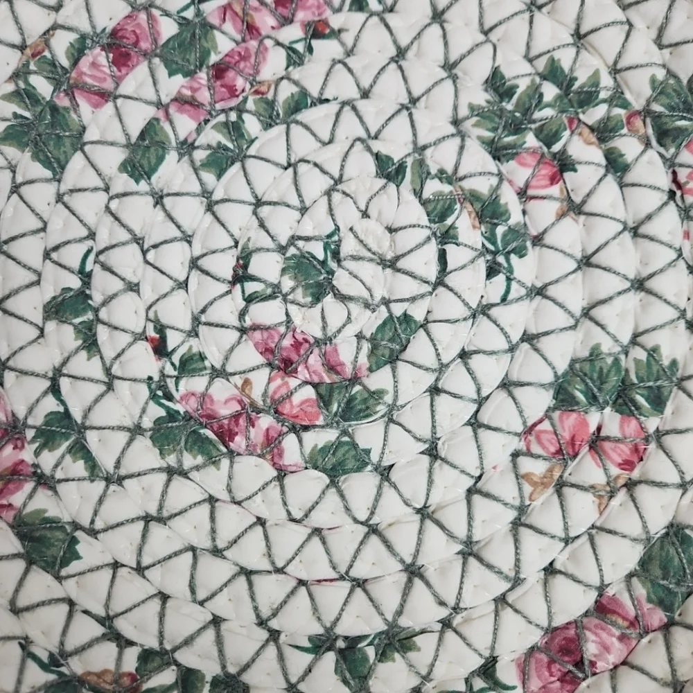 Vintage Braided Rag Rug Basket with Handles - Floral White Pink Green Tan